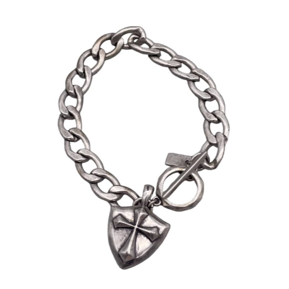 Stigma Shield Cross Charm Chain Bracelet Silver Tone Toggle Closure
